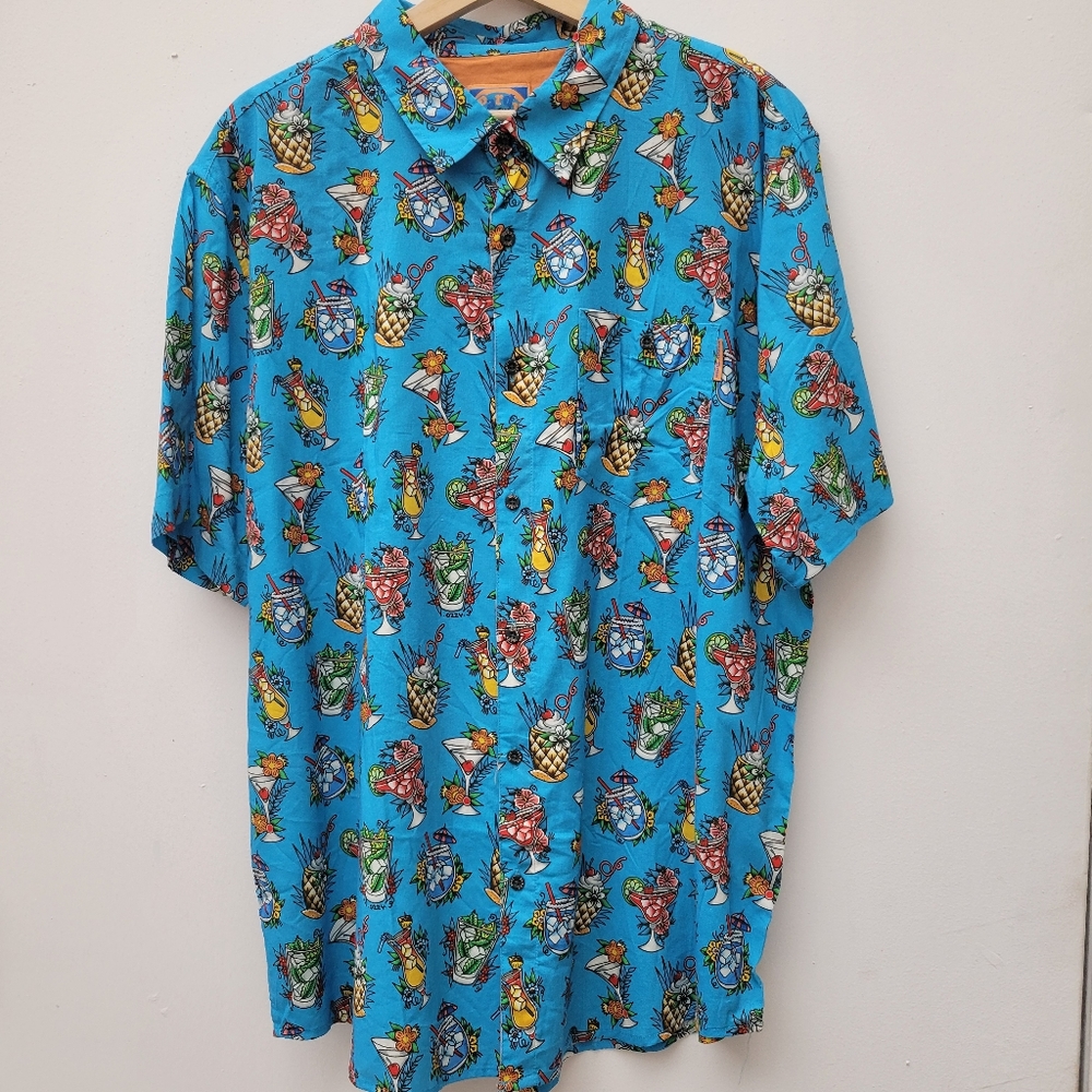 Pardy Time Shirt Mens Medium Blue Tropical Drinks Print Button Up 2XL